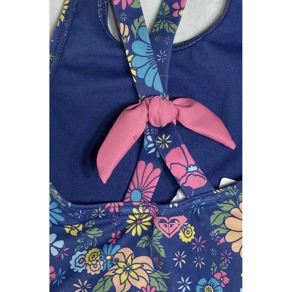 NWT Roxy Baja Baby Girls 3T One Piece Swimsuit Navy Floral Bijou Blue Bow Back